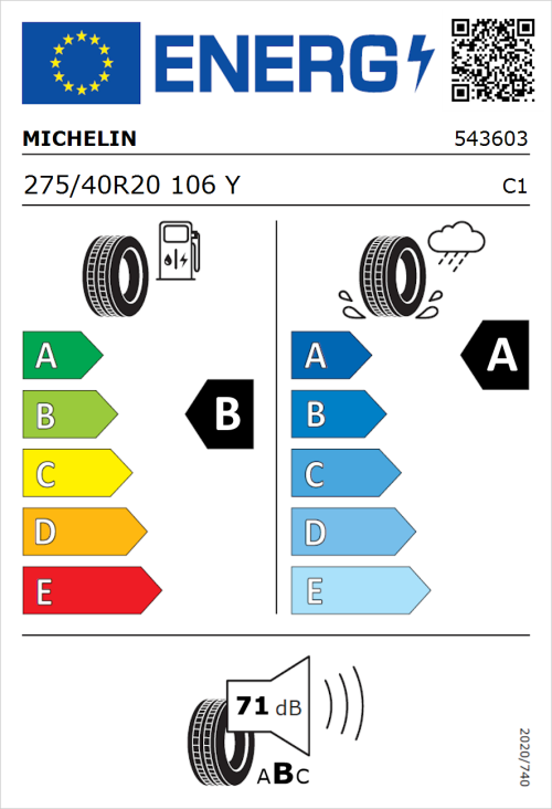 Tyre Label for Michelin Pilot Sport 4 S 275/40R20 106Y