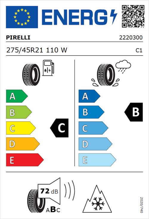 Tyre Label for Pirelli Scorpion Verde All Season 275/45R21 110W